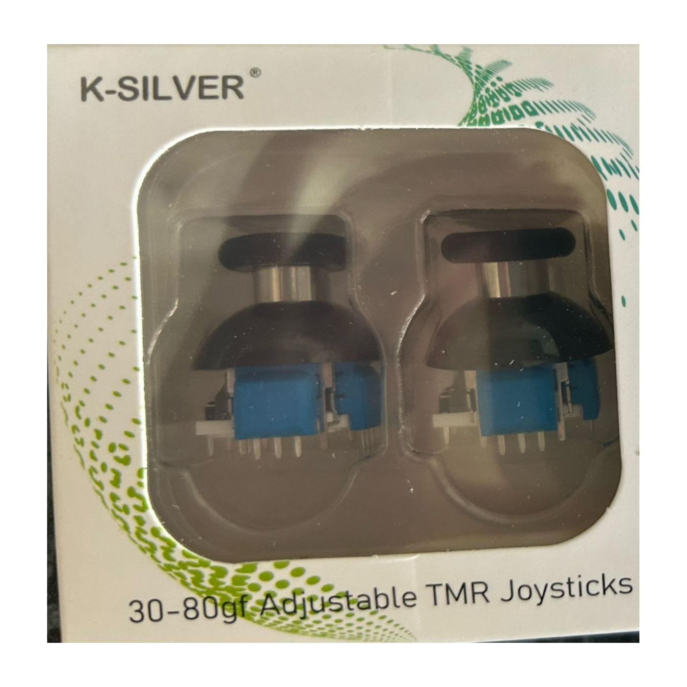 K-Silver JT13 adjustable TMR joystick pair 30-80gf front packaging on white background